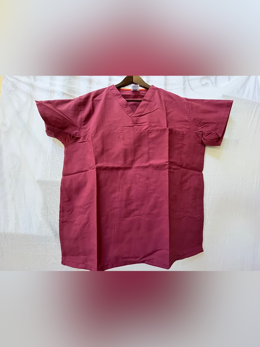 Medline V-Neck Medical aesthetician work Scrub Top Burgundy Orange trim Sz small
